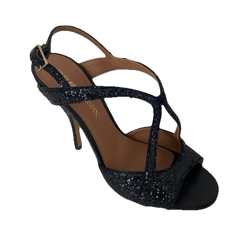 NWOB Emporio Armani Sandal Black Glitter Slim Heel Strappy Open Toe 36.5 6.5